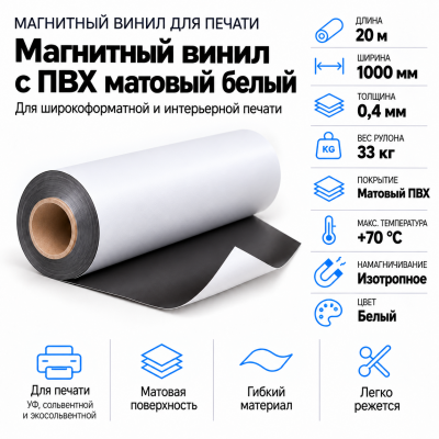 Магнитный винил с ПВХ матовый белый, 20м*1000*0,4мм, PVC-BR,AIC  в Новосибирске